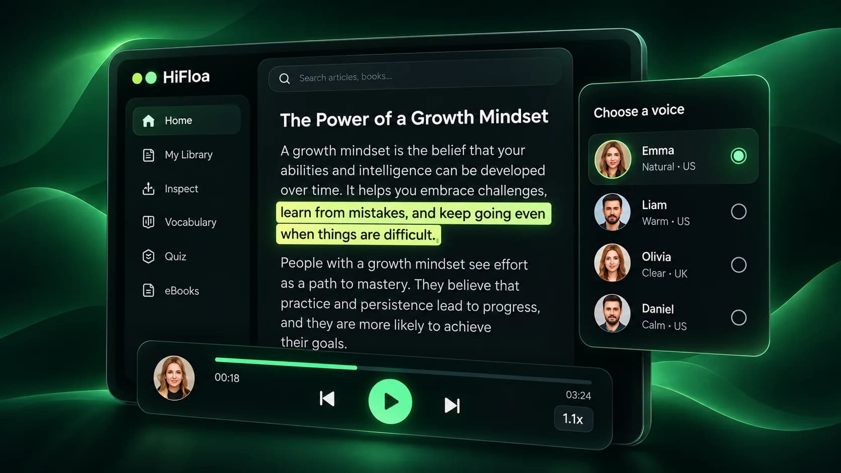 HiFloa reading interface showing text highlighting, playback controls and voice selection