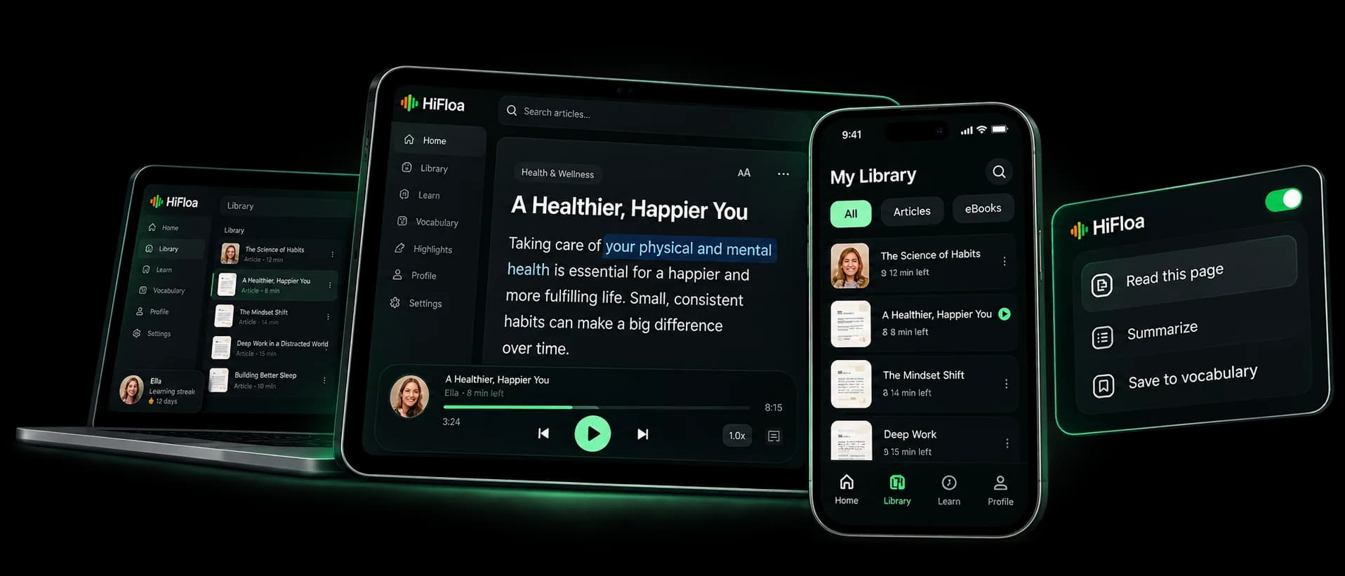 HiFloa desktop, Android and browser extension interfaces